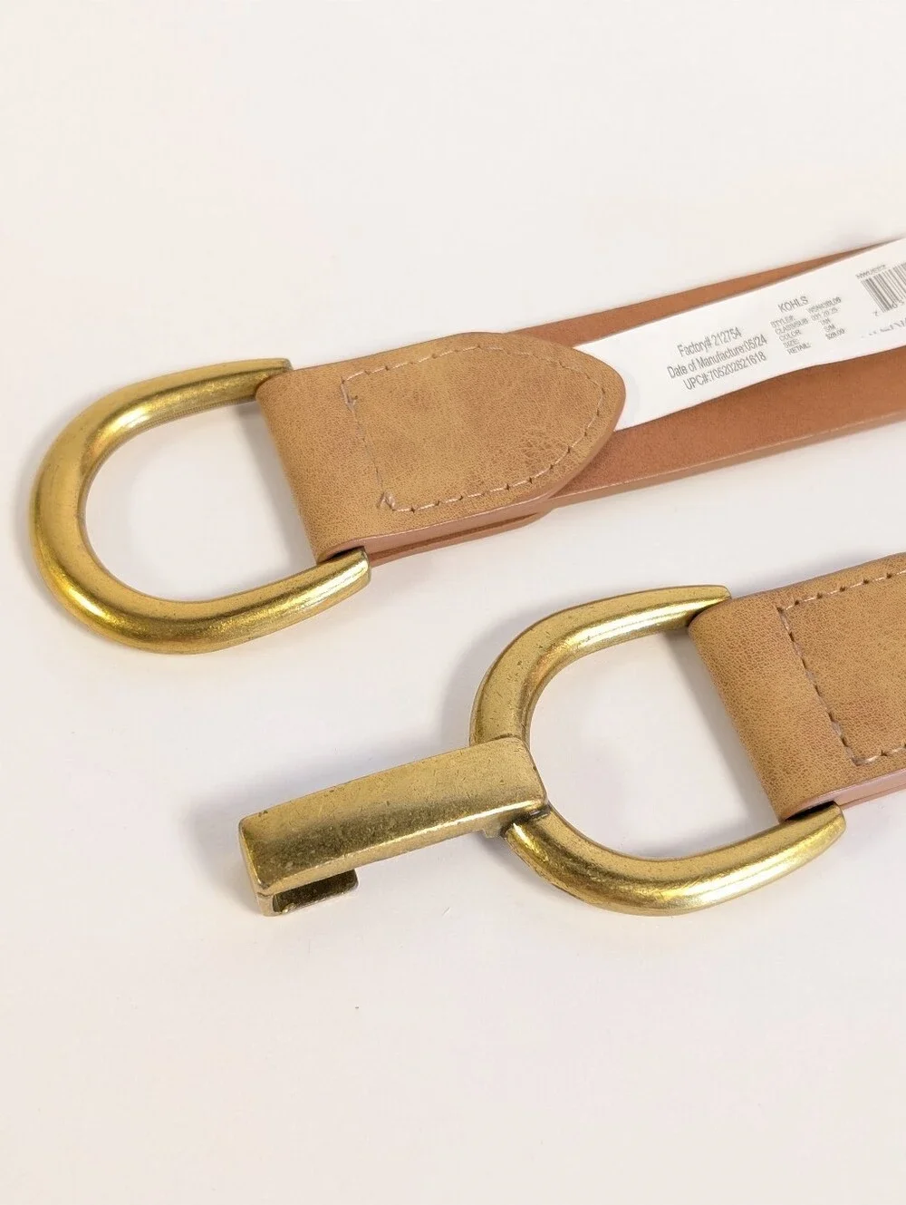 Kohl's Tan Leather Belt with Brass D-Ring Hardware S/M